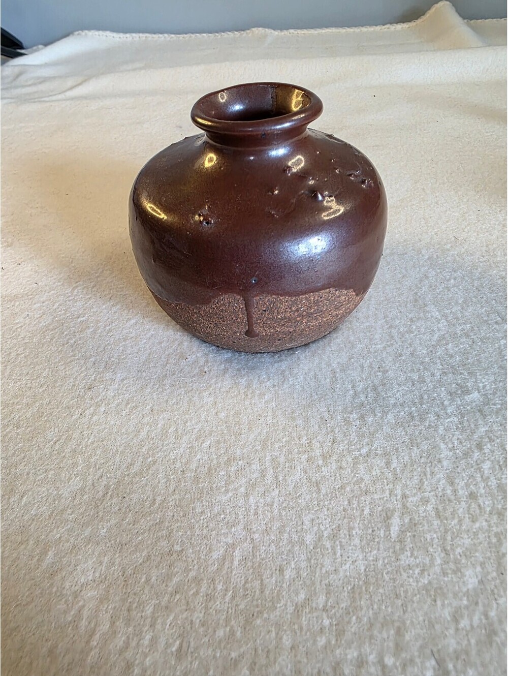 Vintage Signed Studio Pottery Brown Drip Glaze Vase Handmade Stoneware 4"